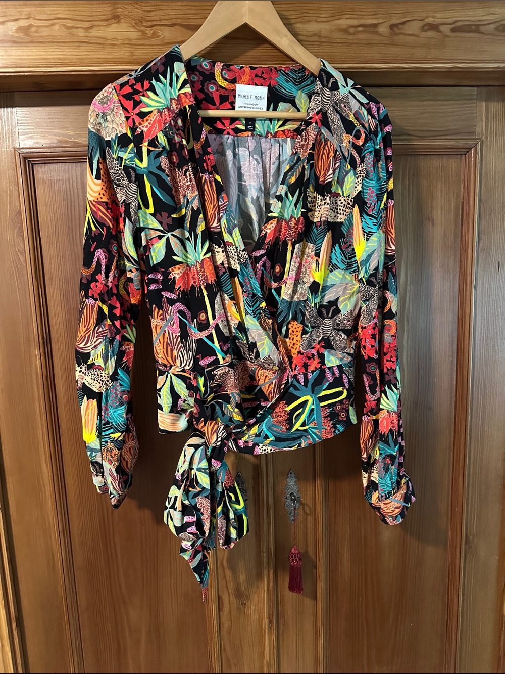 Anthropologie Michelle Morin Shirt Womens Tiger Floral Wrap Blouse Boho  sz Smal